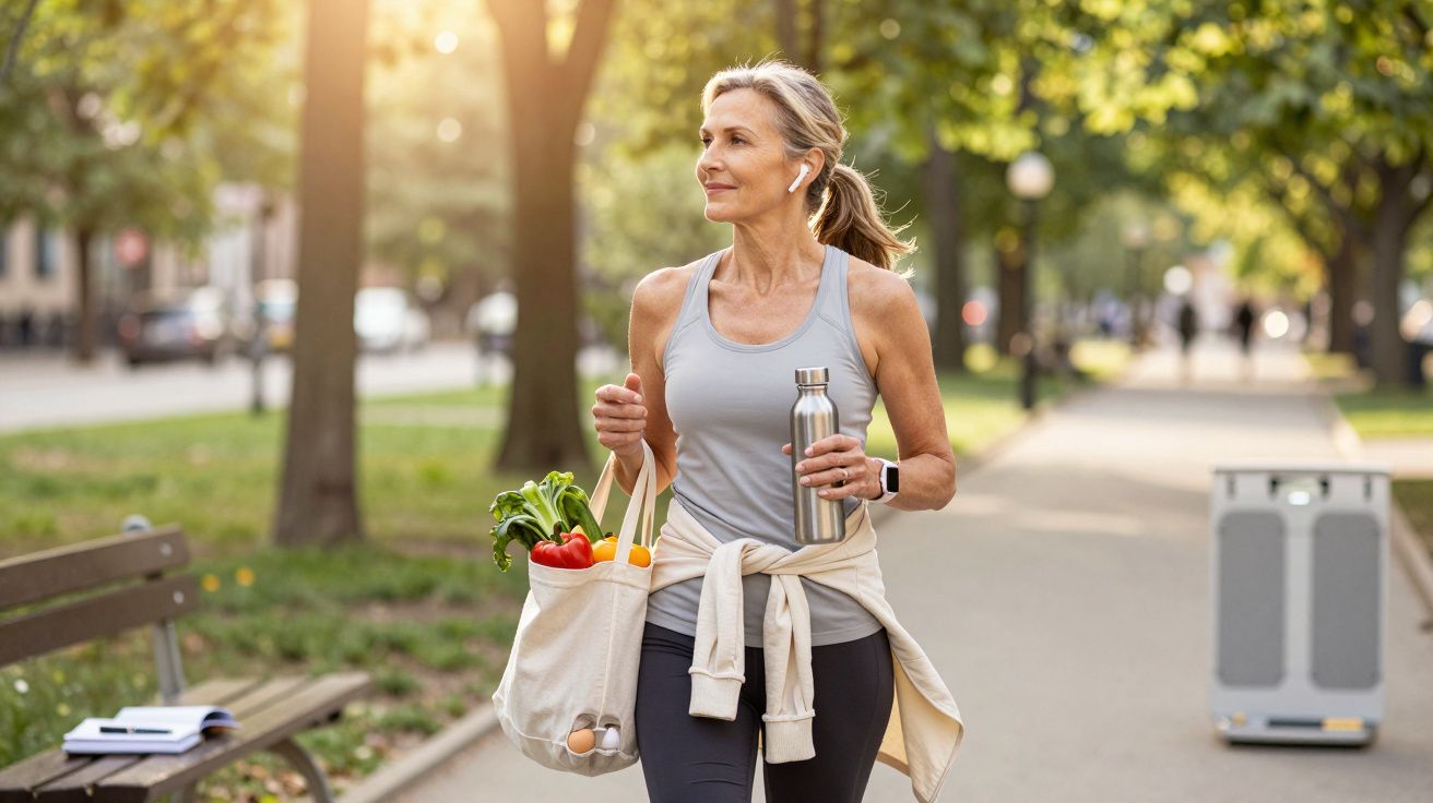 Mulher madura caminhando no parque com garrafa de água e sacola com alimentos frescos na mão.
