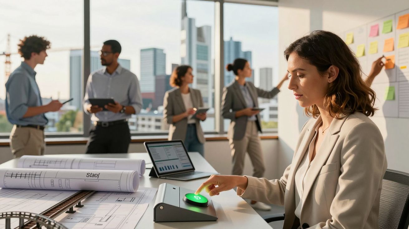 Mulher em escritório apertando botão verde com colegas discutindo planos e gráficos ao fundo.