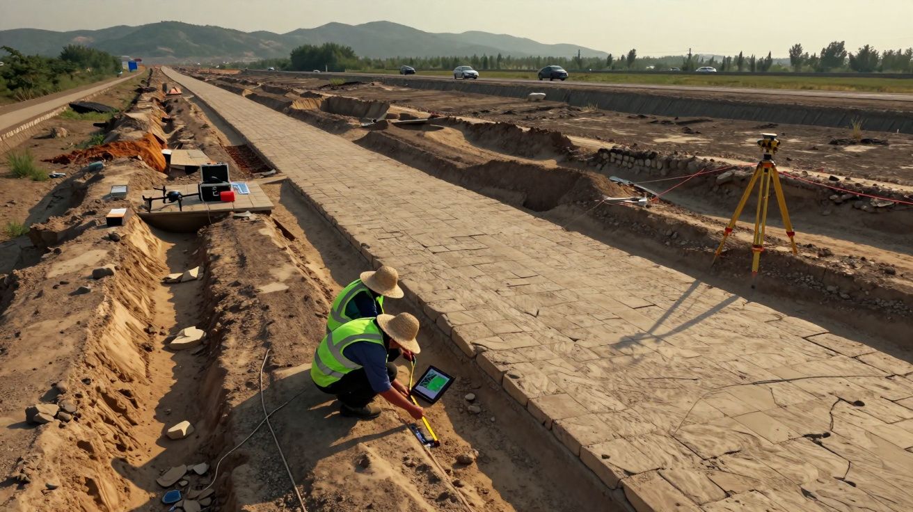 Dois arqueólogos com coletes e chapéus trabalham em escavação arqueológica ao lado de estrada com montanhas ao fundo.
