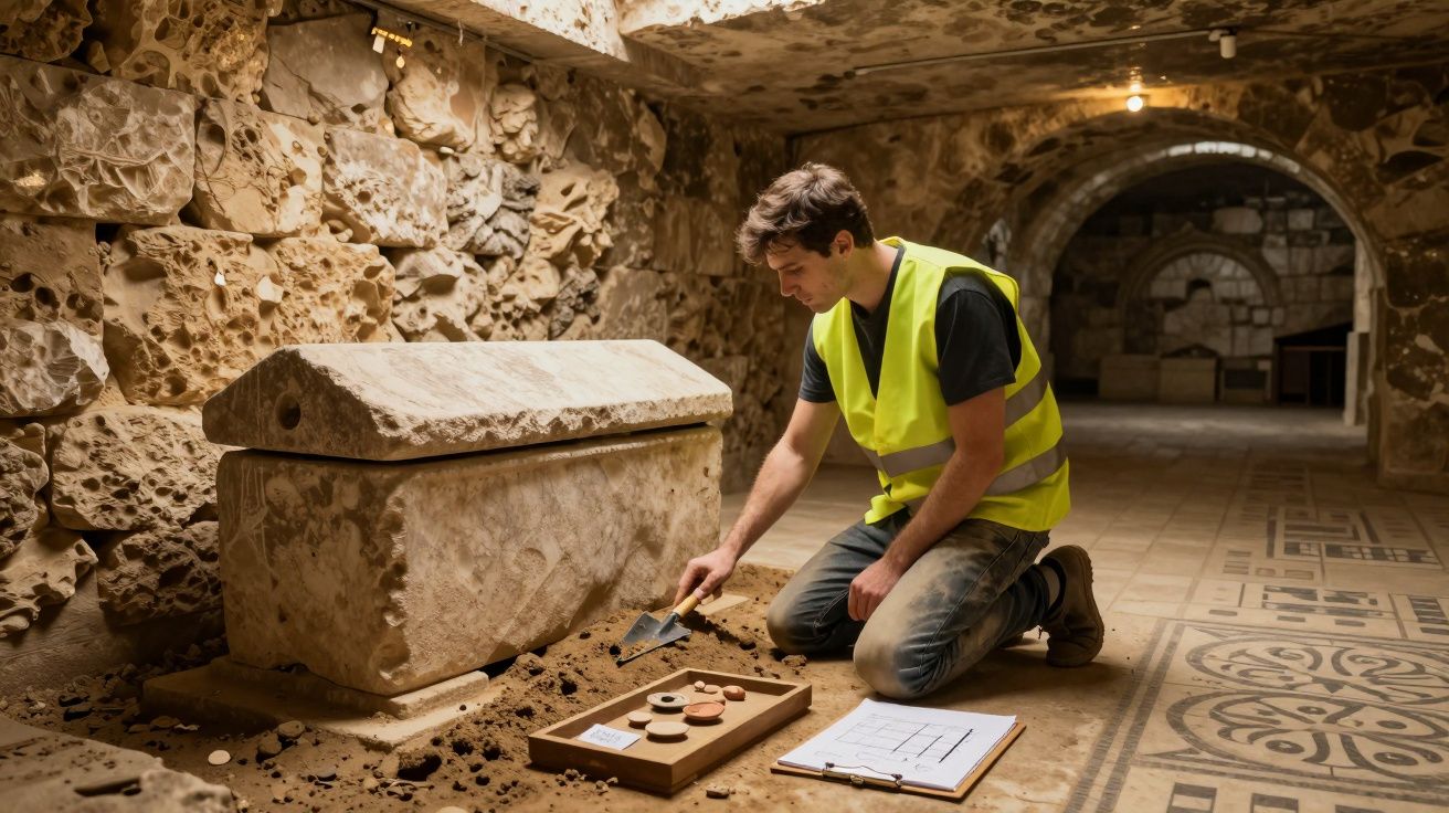 Arqueólogo em colete amarelo escavando artefatos ao lado de um sarcófago em ambiente subterrâneo histórico.