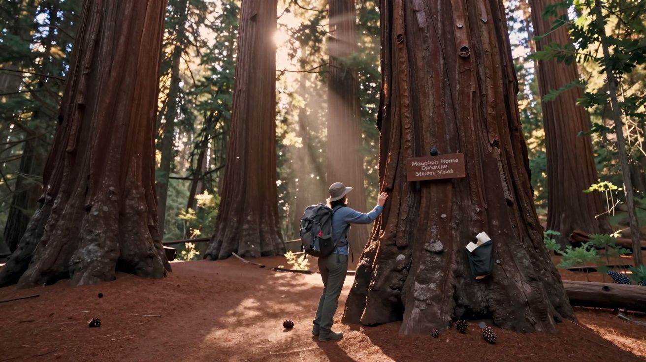Pessoa com mochila contempla árvore gigante em floresta iluminada por raios de sol no fim da tarde.