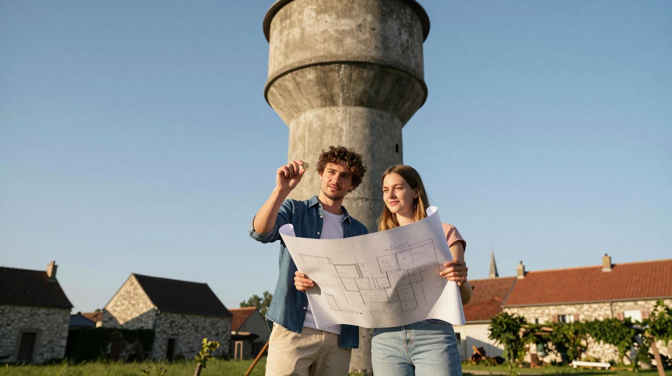 Casal jovem analisando planta arquitetônica ao ar livre, com torre de água e casas ao fundo.