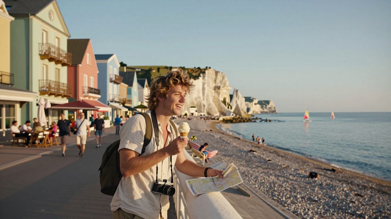 Homem sorridente com sorvete e mapa, vista para praia com penhascos e casas coloridas ao fundo.