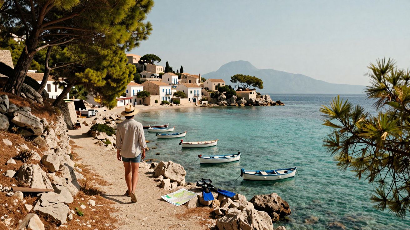 Homem de chapéu caminha por trilha à beira-mar com barcos, pedras e casas brancas ao fundo em vila costeira.