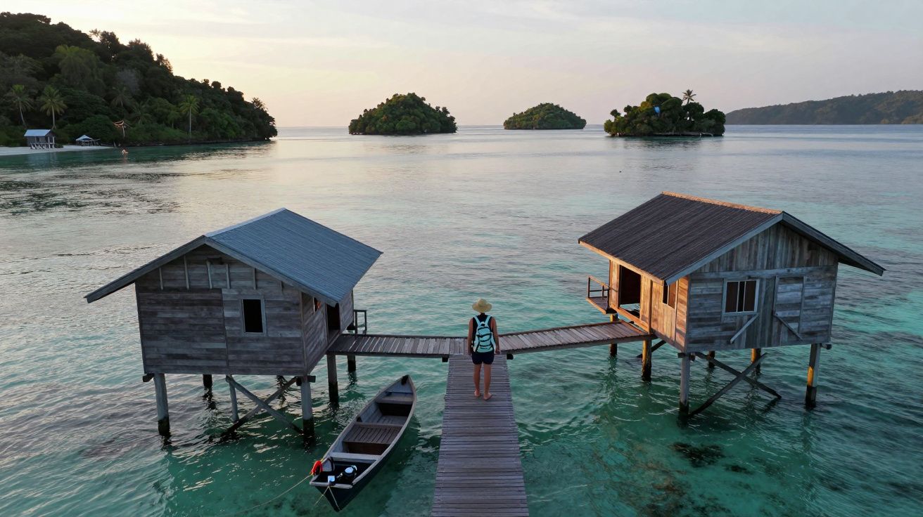 Pessoa de costas com chapéu em passarela de madeira entre casas sobre água transparente em paisagem marítima ao entardecer.