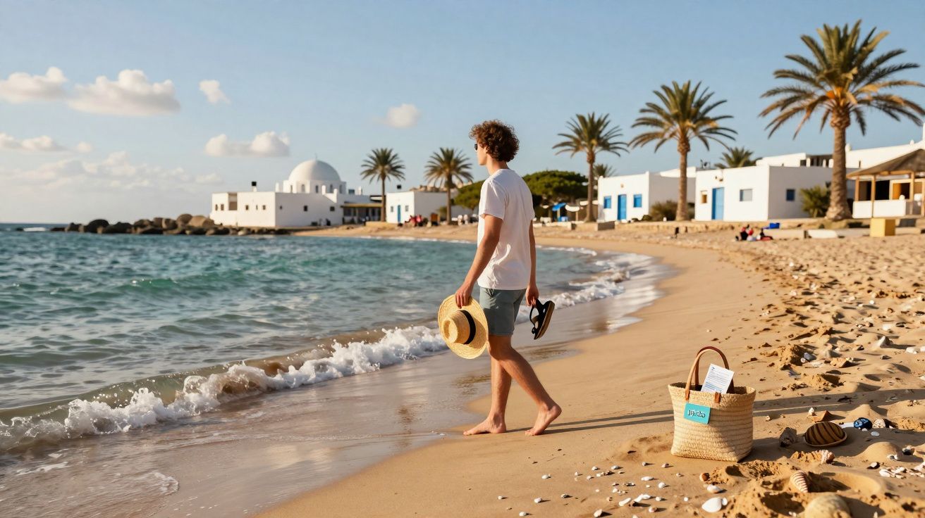 Homem caminhando descalço na praia com chapéu e chinelos ao pôr do sol, casas brancas ao fundo.