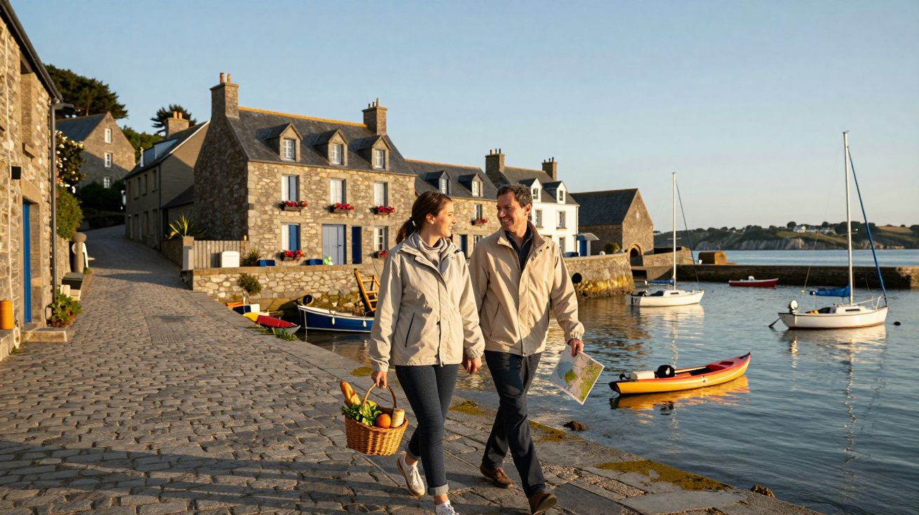 Casal caminhando à beira de um porto com casas de pedra, barcos ancorados e cesta de compras.
