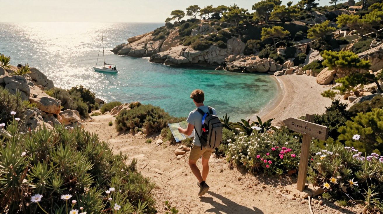 Homem caminhando com mochila e mapa em trilha próxima a praia calma com barco e pedras ao fundo.