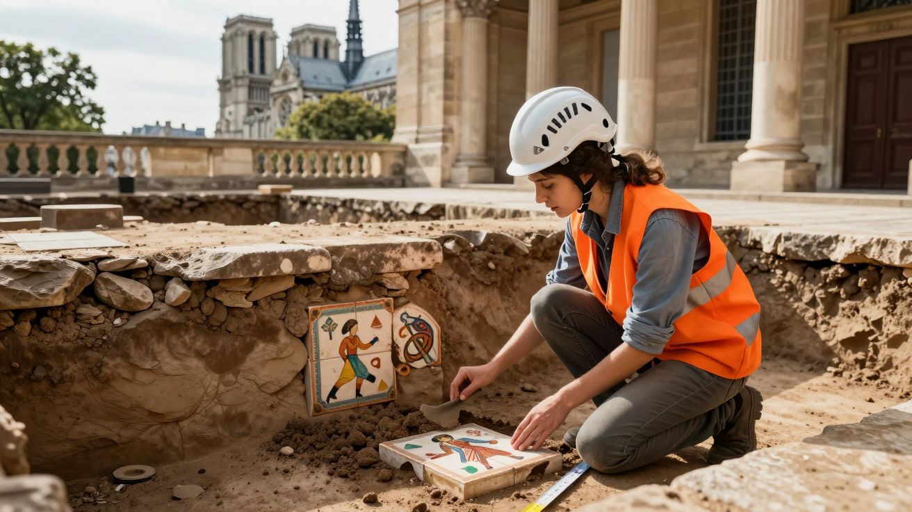 Mulher arqueóloga com colete laranja e capacete escava e examina mosaicos antigos em sítio arqueológico.