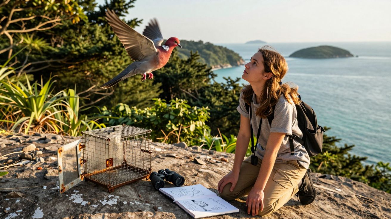 Jovem observando pombo voando perto de gaiola aberta, com caderno de desenhos e binóculo ao lado, à beira-mar.