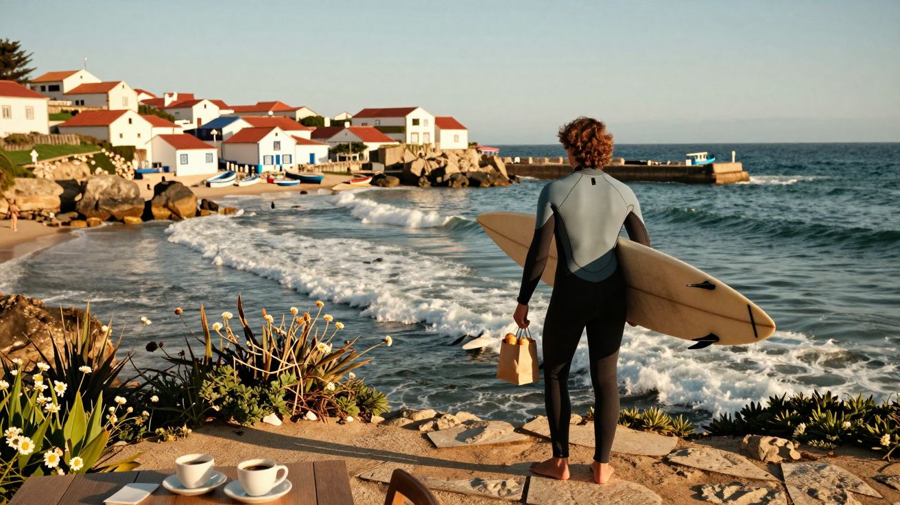 Homem de wetsuit com prancha de surfe na mão observa o mar com ondas, casas brancas e barcos ao fundo.
