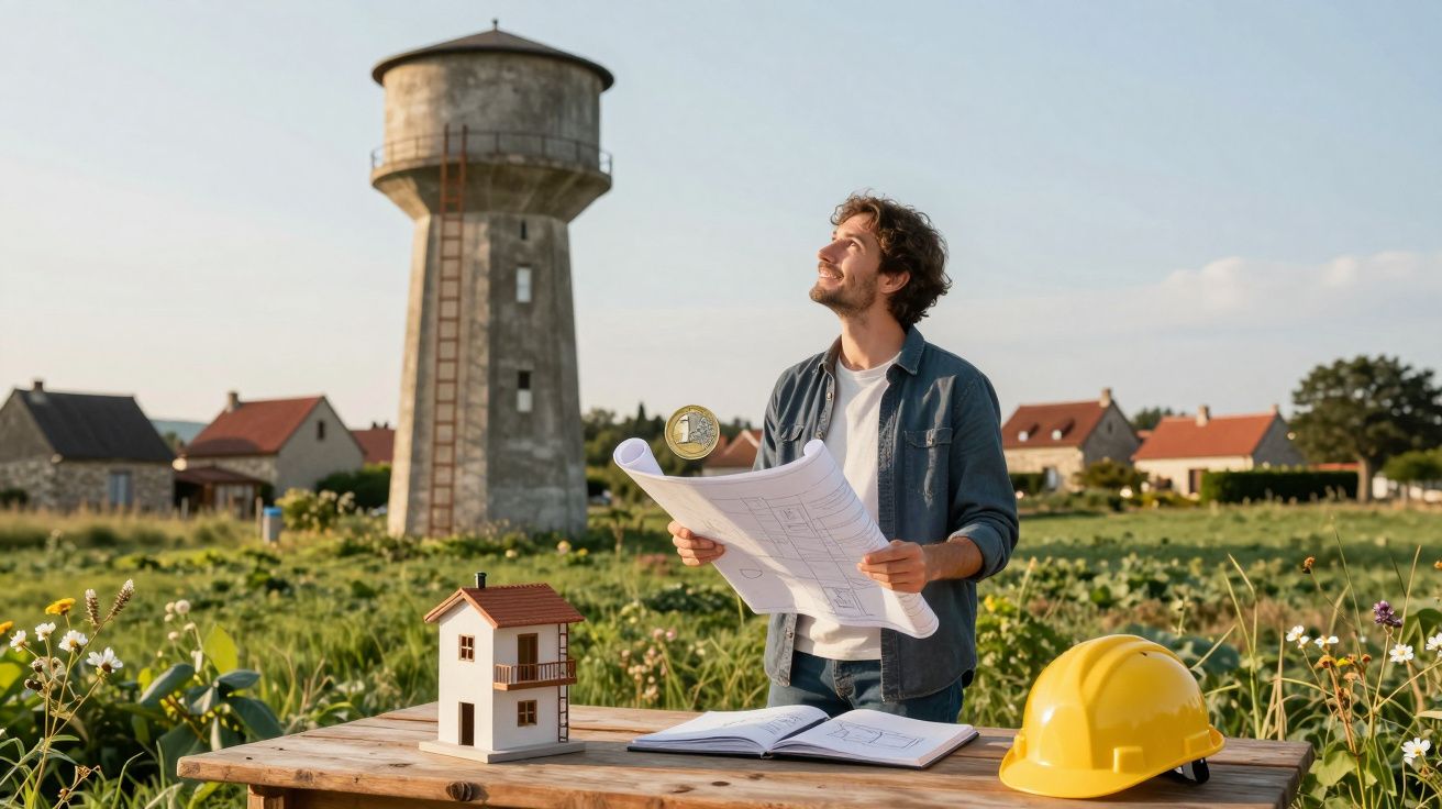 Homem com planta de construção perto de mesa com miniatura de casa e capacete amarelo em área rural.