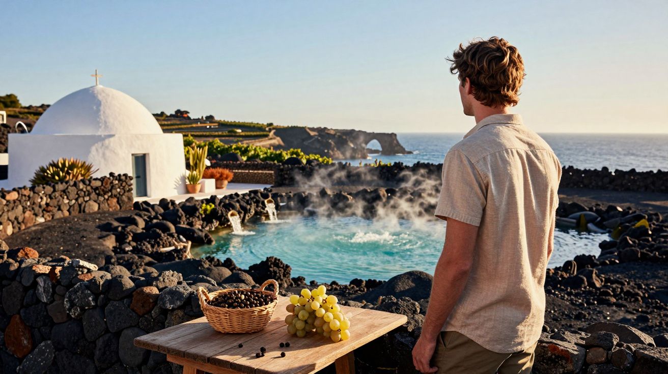 Homem observa piscina termal ao ar livre com vinhedos e mar ao fundo ao pôr do sol.