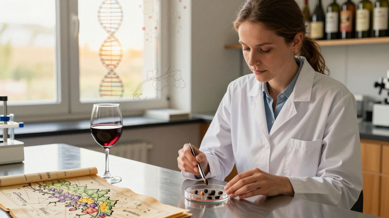 Pesquisadora em jaleco branco analisa uvas em placa de Petri em laboratório com taça de vinho ao lado.