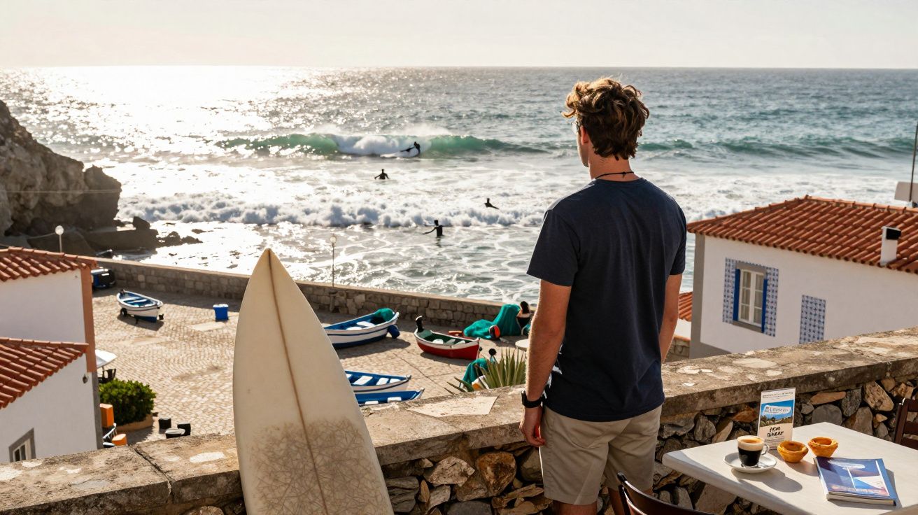 Jovem observa surfistas no mar a partir de varanda com prancha de surfe e mesa com café e livros.
