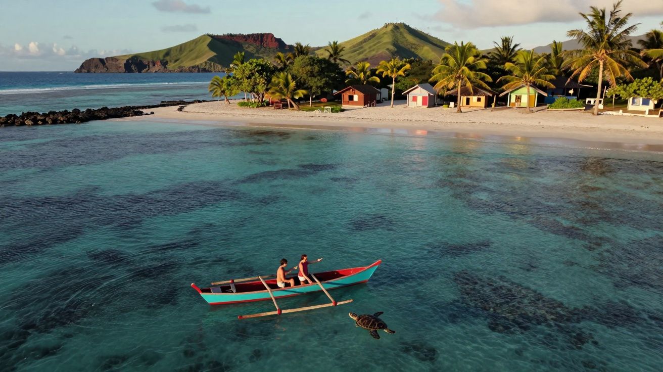 Barco com duas pessoas no mar transparente próximo à praia com cabanas, palmeiras e montanhas ao fundo.