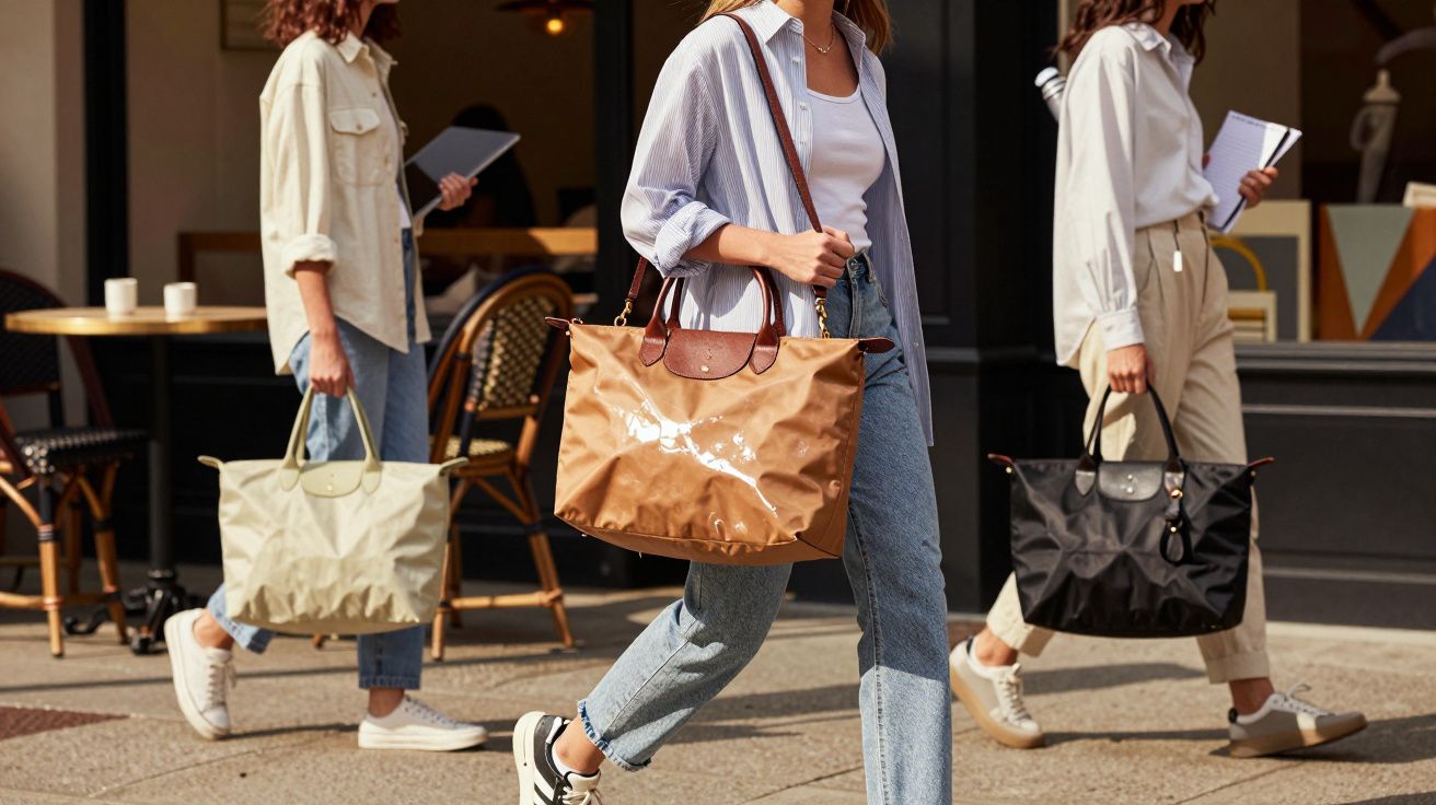Três mulheres caminhando na rua, cada uma carregando uma bolsa grande em cores diferentes.