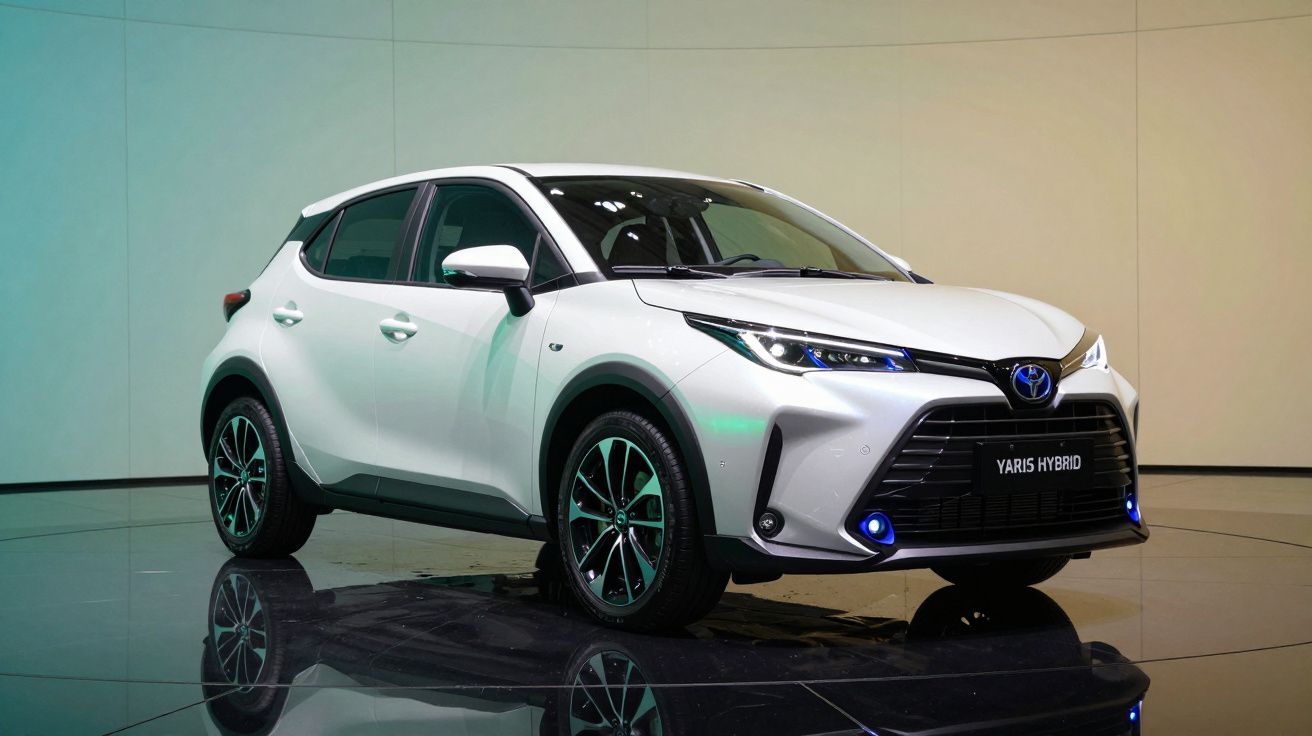 Carro branco Toyota Yaris Hybrid exposto em ambiente interno com piso espelhado e iluminação suave.