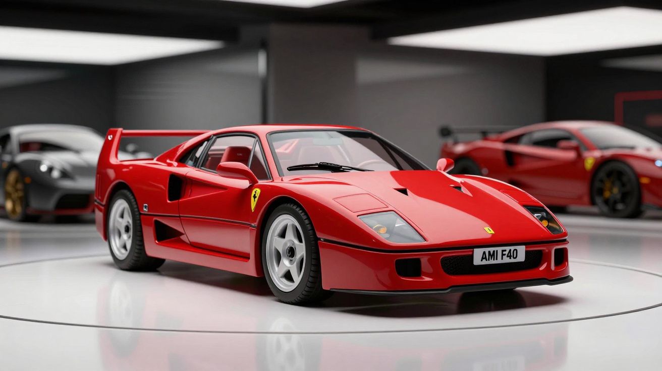 Carro esportivo Ferrari F40 vermelho em exposição, com outros carros ao fundo desfocados.