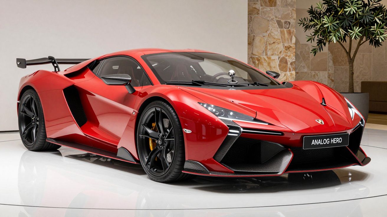 Carro esportivo vermelho com design aerodinâmico, rodas pretas e aerofólio traseiro em ambiente interno moderno