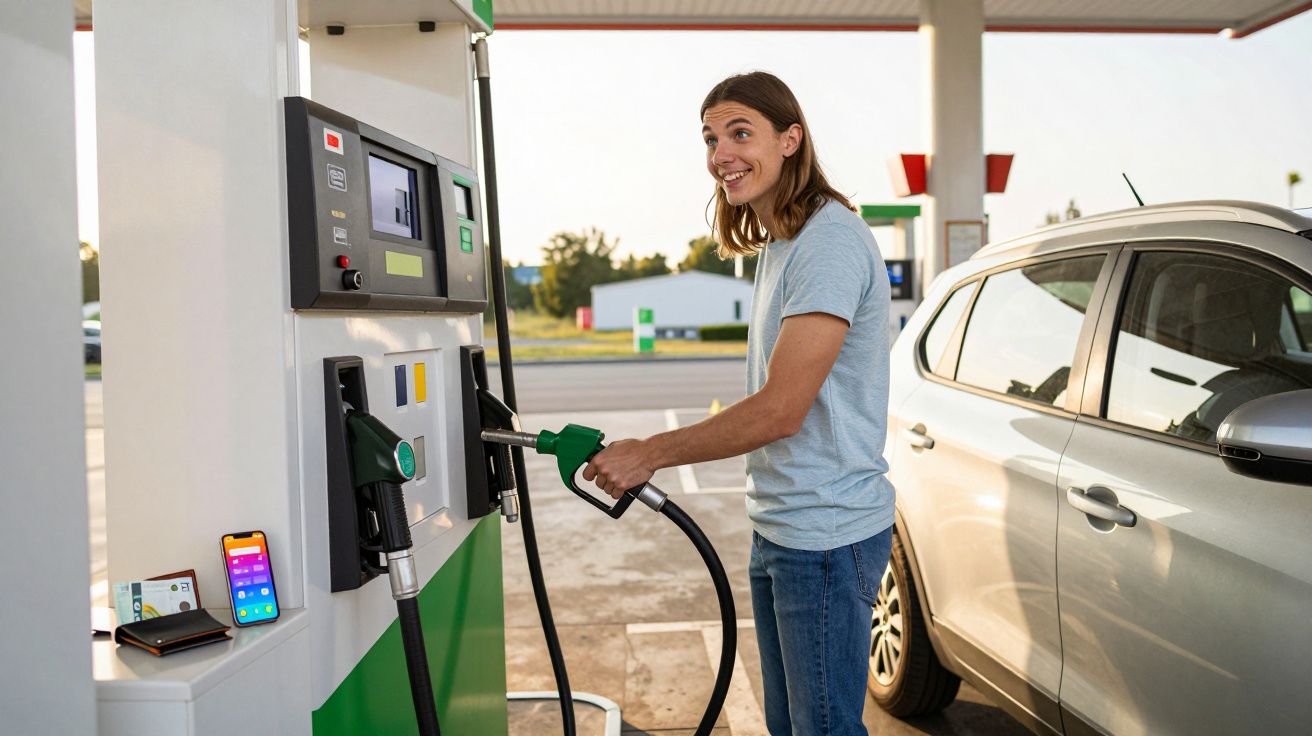 Homem sorridente abastecendo carro prateado em posto de gasolina ao ar livre.