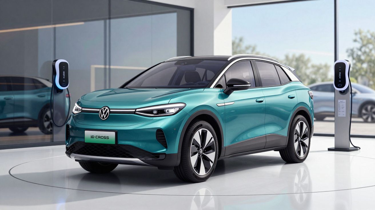 Carro elétrico Volkswagen ID. Cross verde em exposição ao lado de carregadores em ambiente moderno.