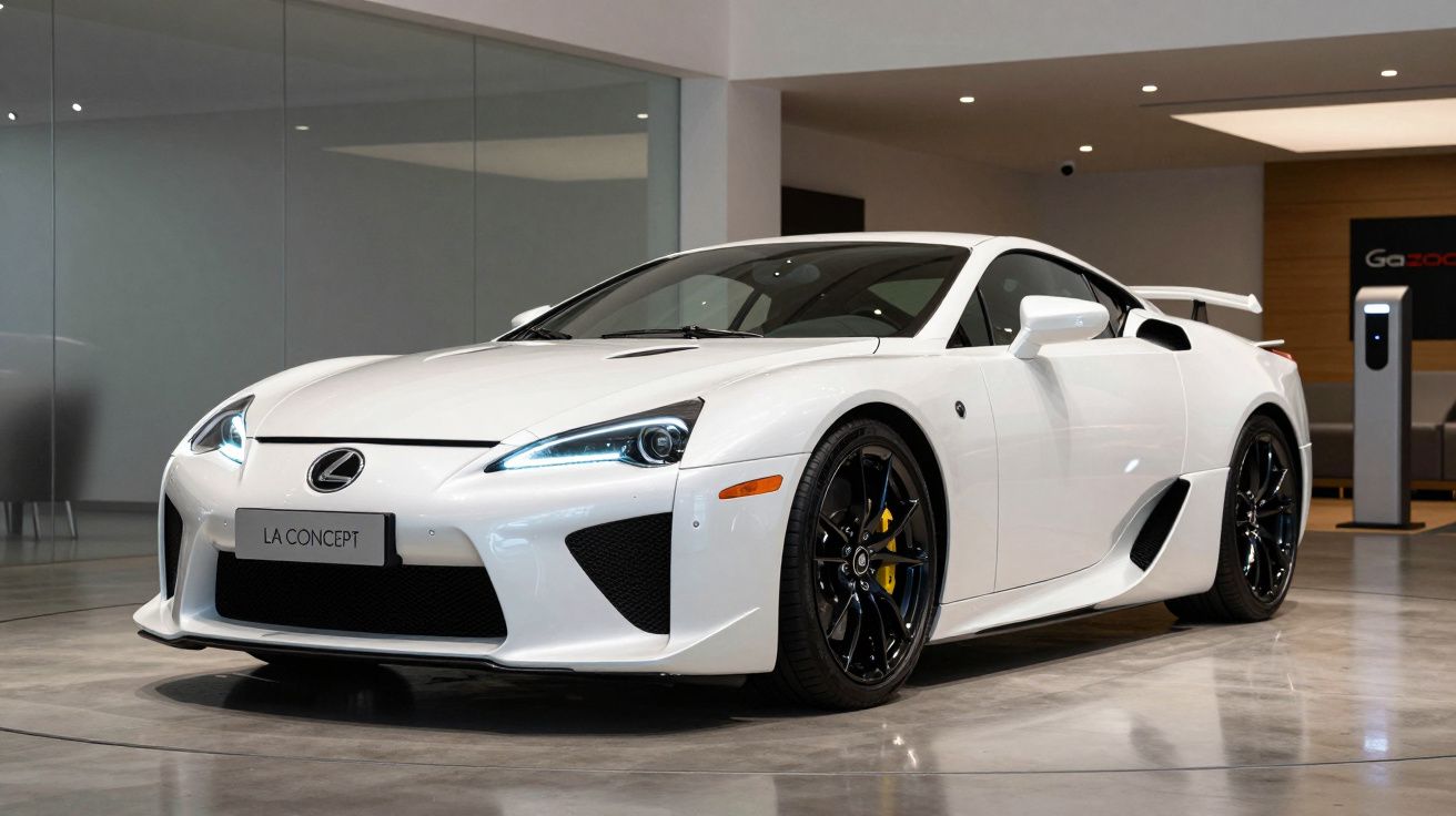 Carro esportivo branco Lexus estacionado em showroom moderno com iluminação interna.