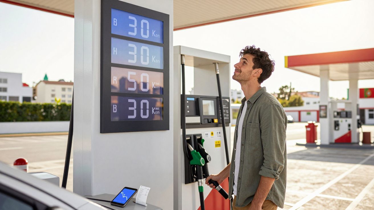 Homem olha para painel de preços em posto de gasolina enquanto segura bomba de combustível.