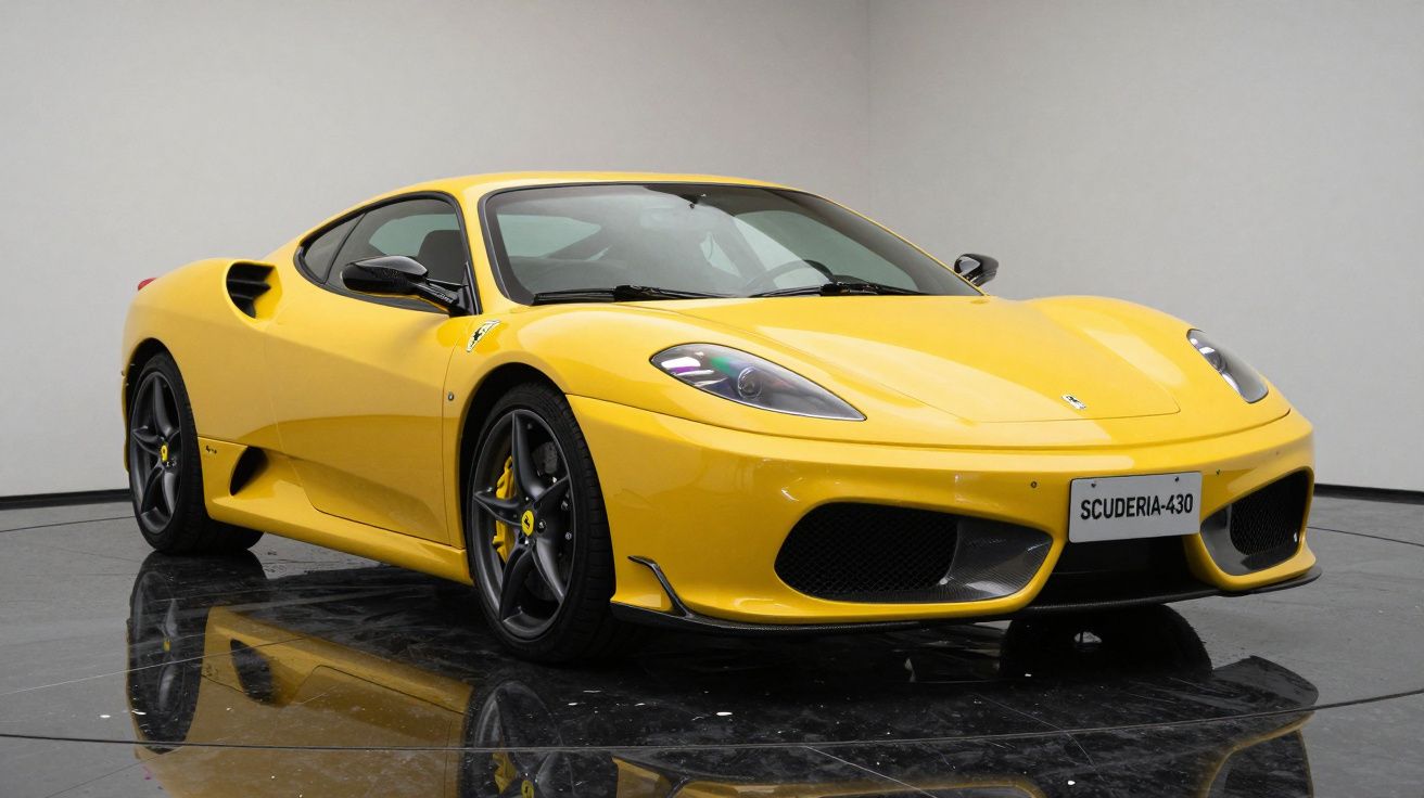 Carro esportivo amarelo Ferrari Scuderia-430 em estúdio com piso refletivo preto.