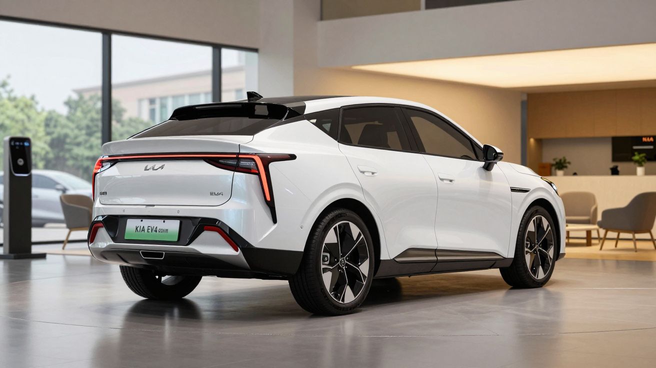 Carro elétrico branco Kia EV6 GT-line EV4 em ambiente interno moderno com tomada para recarga ao fundo.