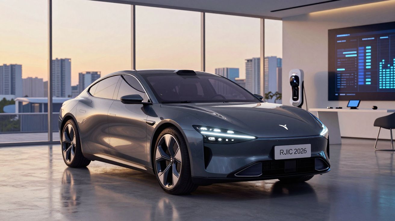 Carro elétrico cinza estacionado em ambiente moderno com janelas grandes e painel digital ao fundo.