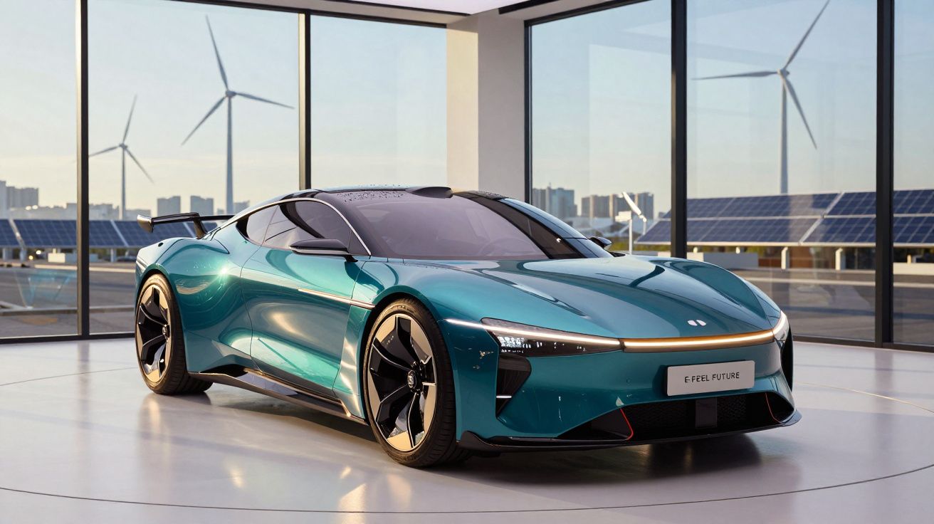 Carro esportivo elétrico azul futurista em showroom com turbinas eólicas e painéis solares ao fundo.
