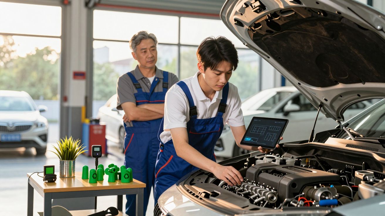 Dois mecânicos asiáticos trabalhando no motor de um carro com ferramentas e tablet na oficina.