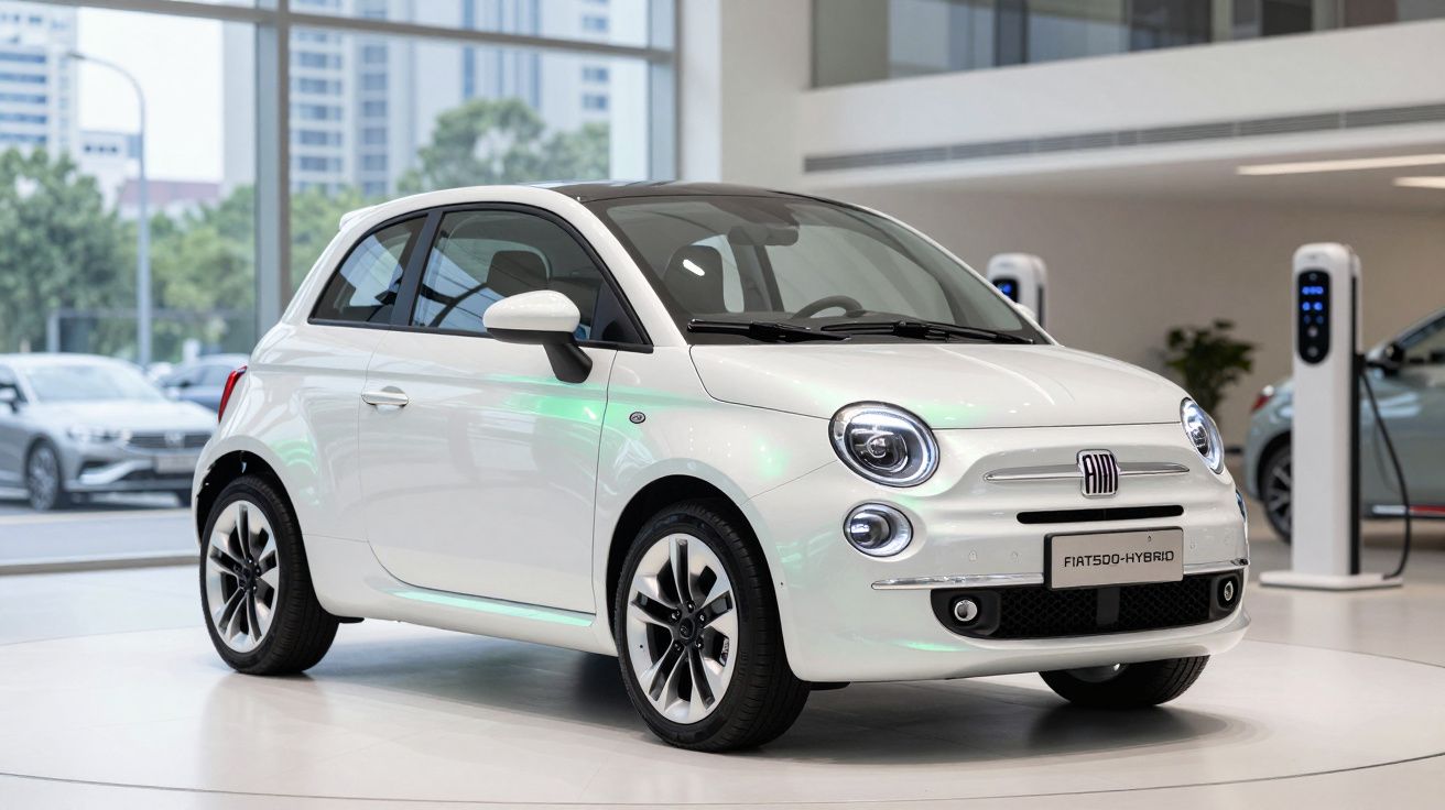Carro branco Fiat 500 híbrido exibido em showroom moderno com poste de carregamento ao fundo.