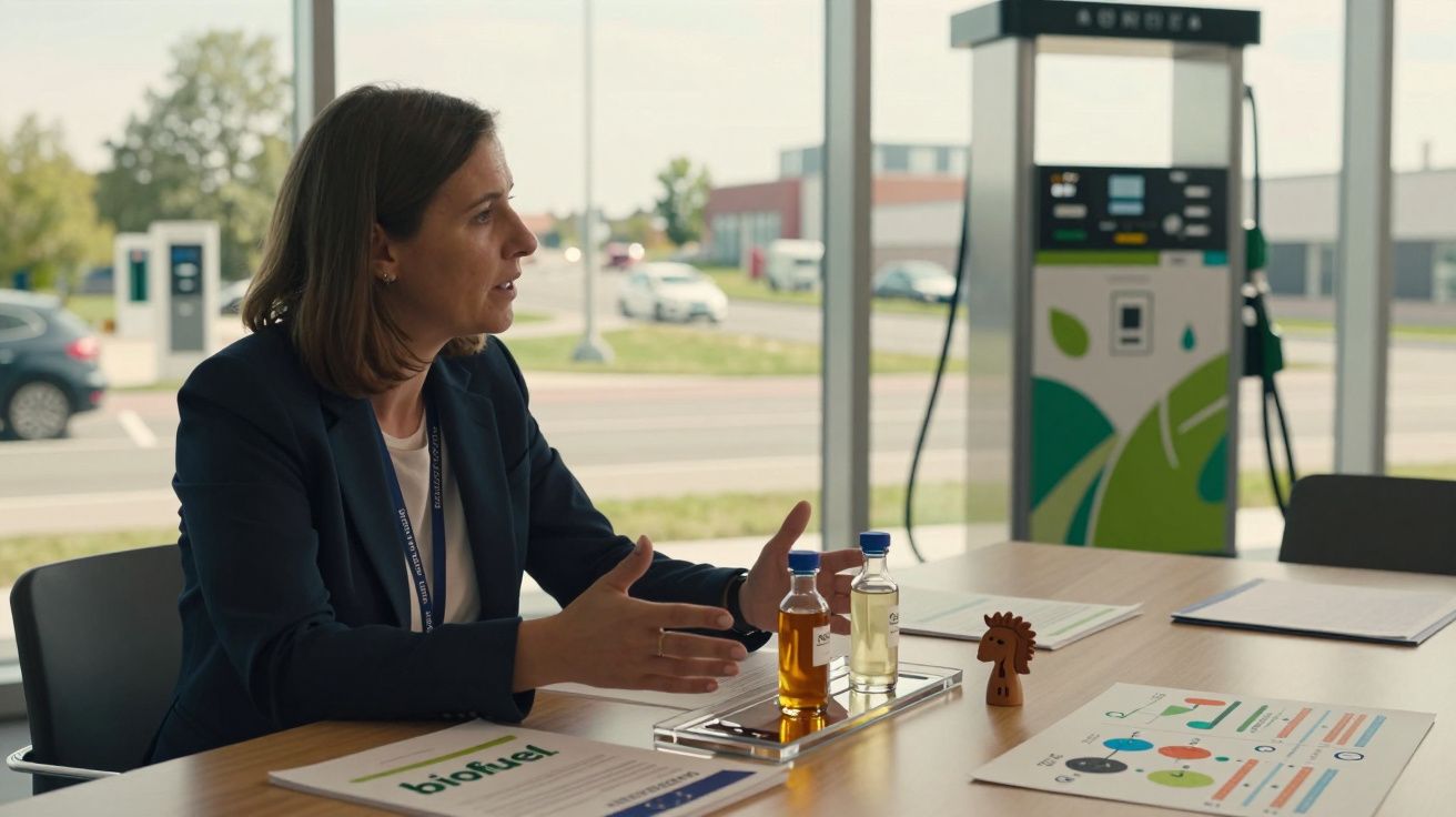 Mulher em reunião explicando, à mesa, amostras de líquidos e gráficos sobre biocombustível.