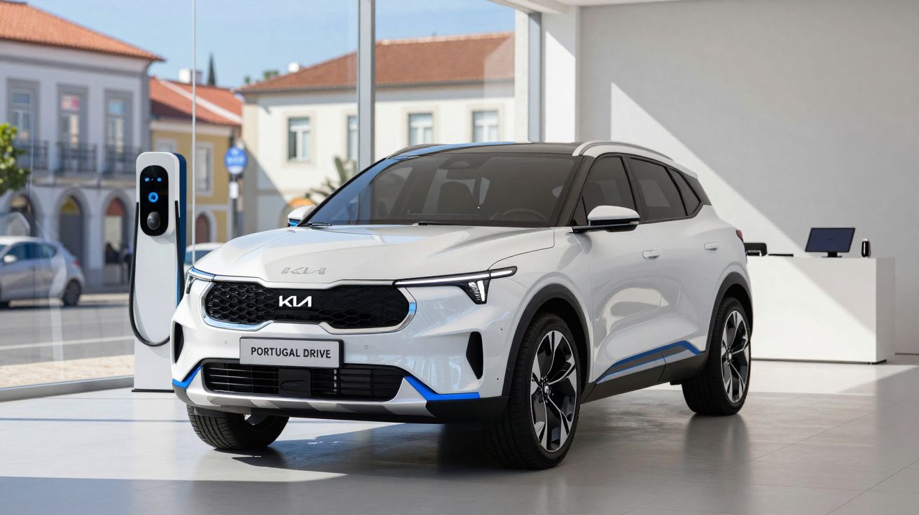 Carro elétrico branco Kia EV6 estacionado em showroom com estação de recarga ao lado.