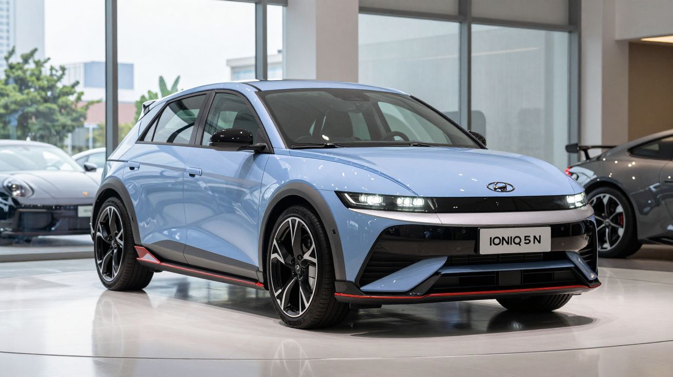 Carro elétrico Hyundai Ioniq 5 N azul exibido em showroom com design moderno e detalhes em preto e vermelho.