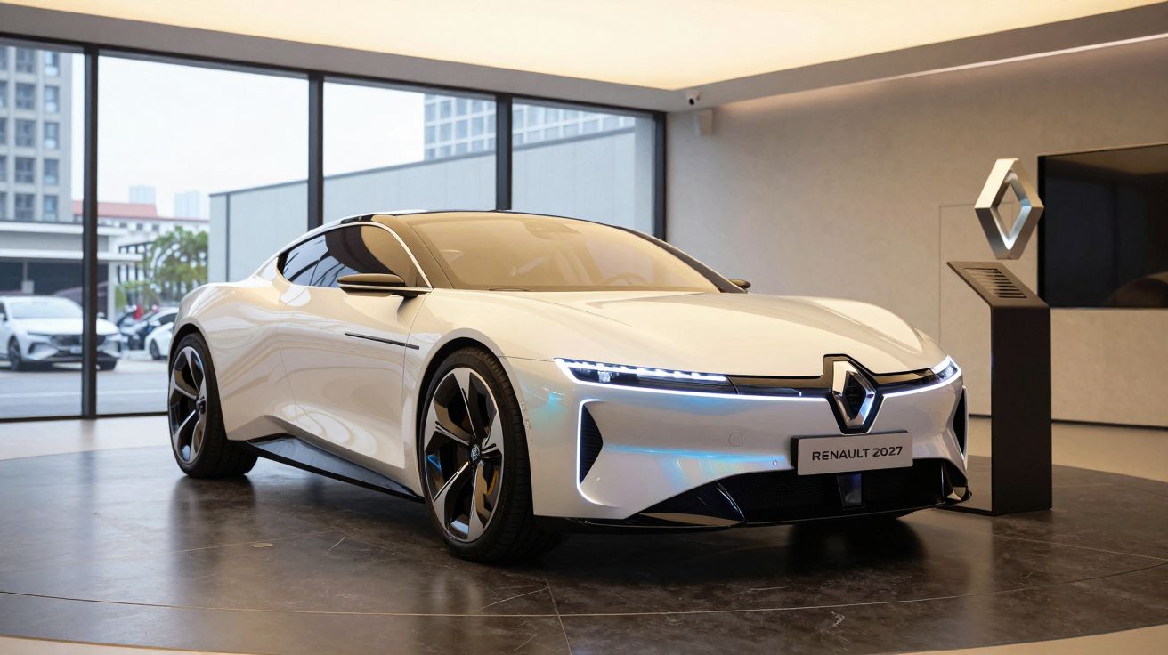 Carro conceito branco Renault 2027 em exibição, design moderno e elegante, iluminação LED frontal e rodas esportivas.