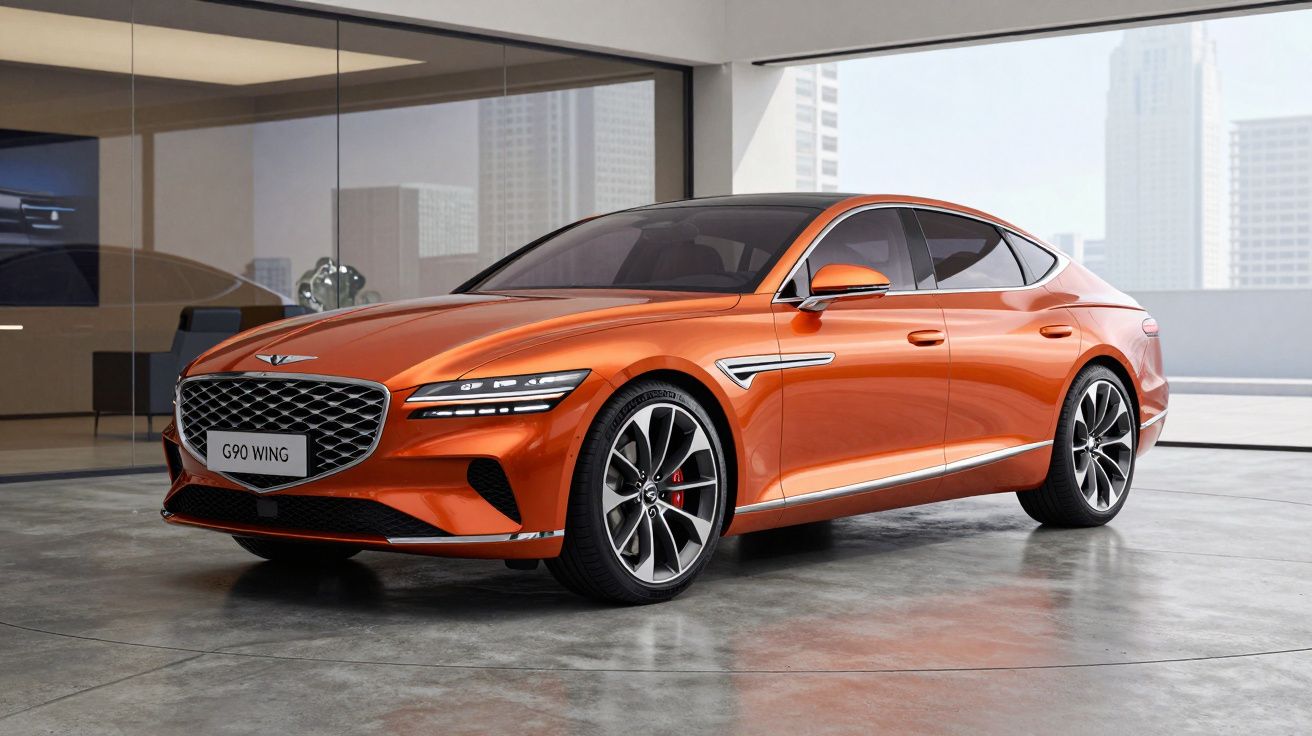 Carro esportivo Genesis G90 Wing laranja estacionado em garagem moderna com janelas grandes e vista urbana.