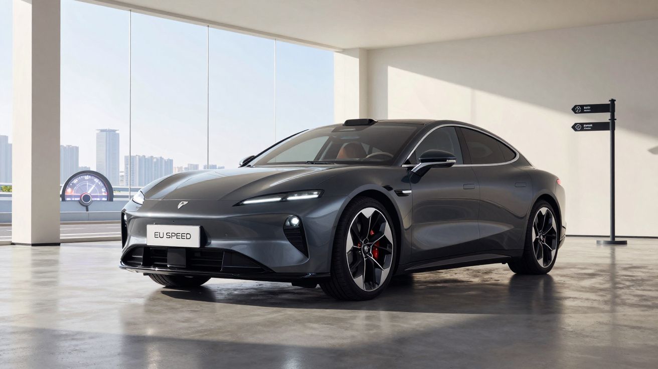 Carro elétrico esportivo cinza estacionado em garagem moderna com janelas grandes e vista para cidade.