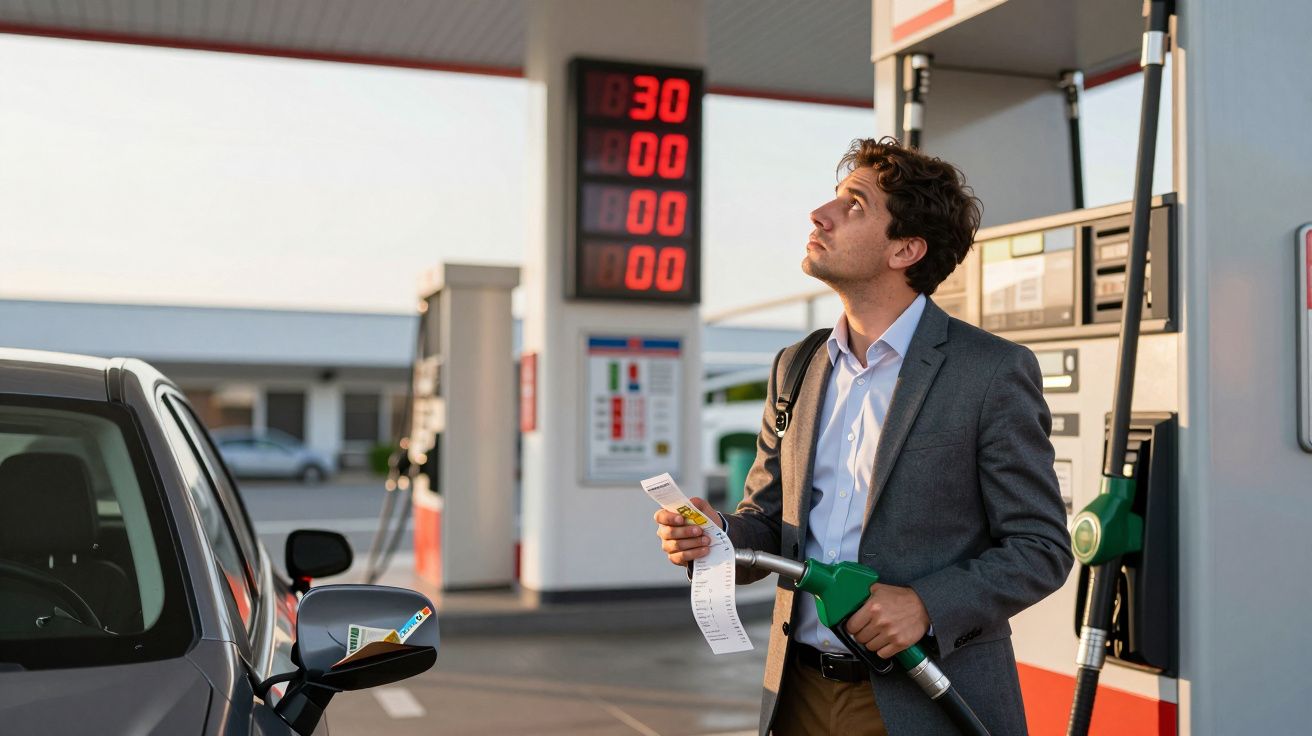 Homem de terno segura bomba de combustível e nota em posto de gasolina, olhando para painel de preços.