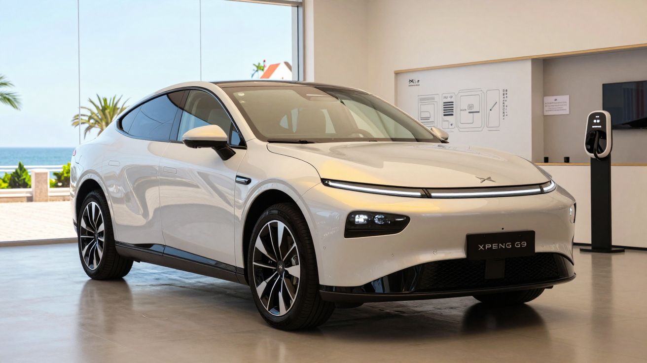 Carro elétrico branco XPeng G9 em showroom moderno com janela de vidro e vista para o mar.