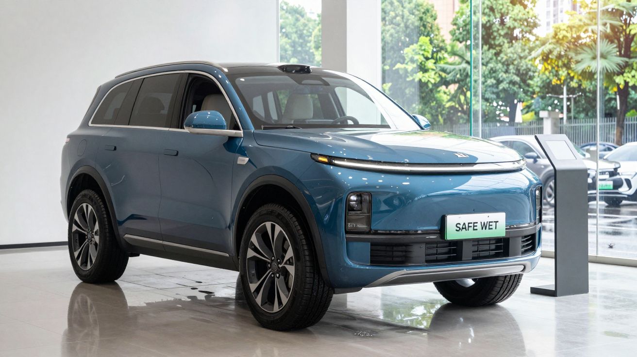 SUV elétrico azul estacionado em showroom com vidros grandes e iluminação natural.