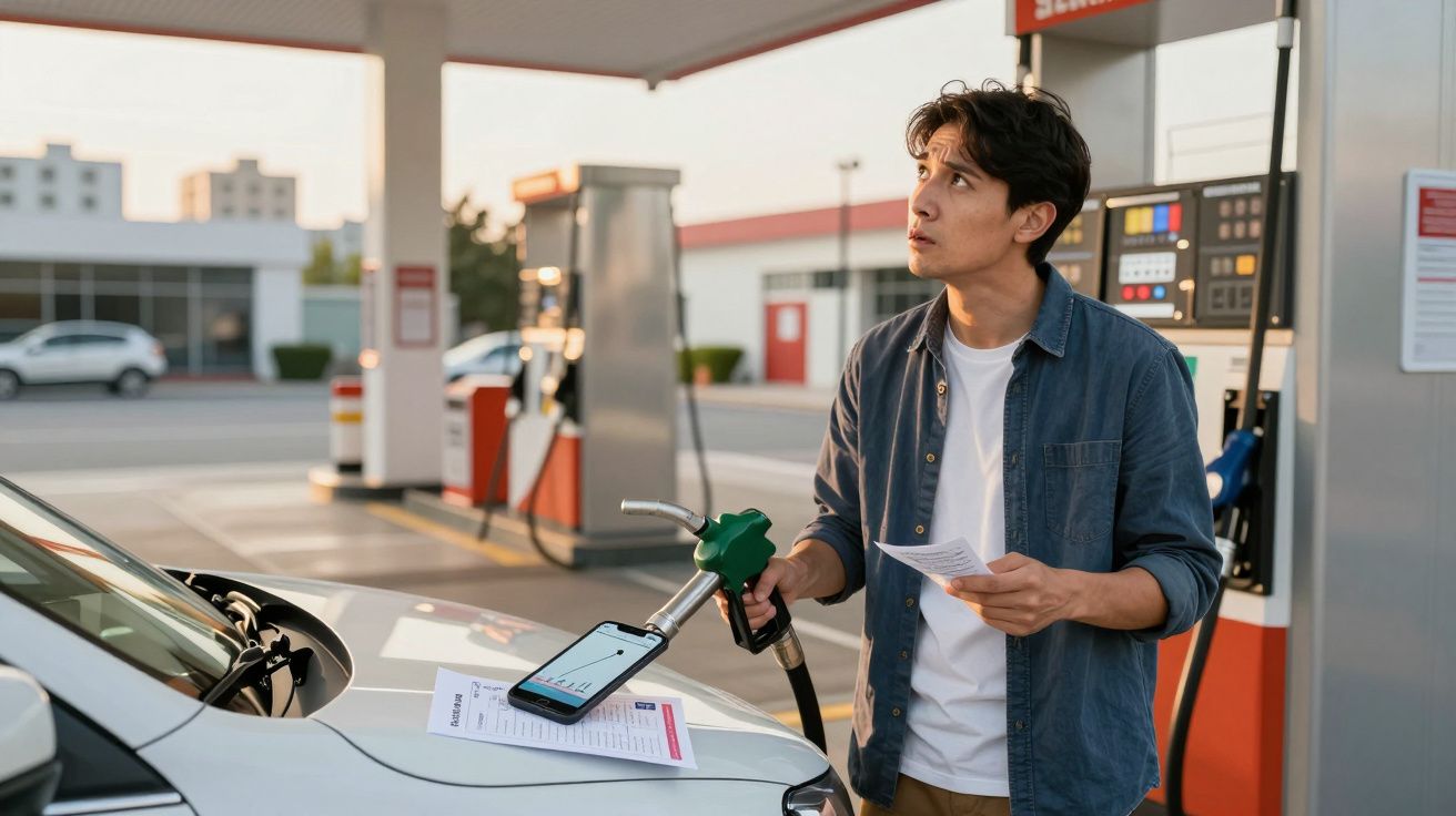 Jovem em posto de gasolina segurando bomba e olhando para cima, com recibo e celular sobre o carro branco.