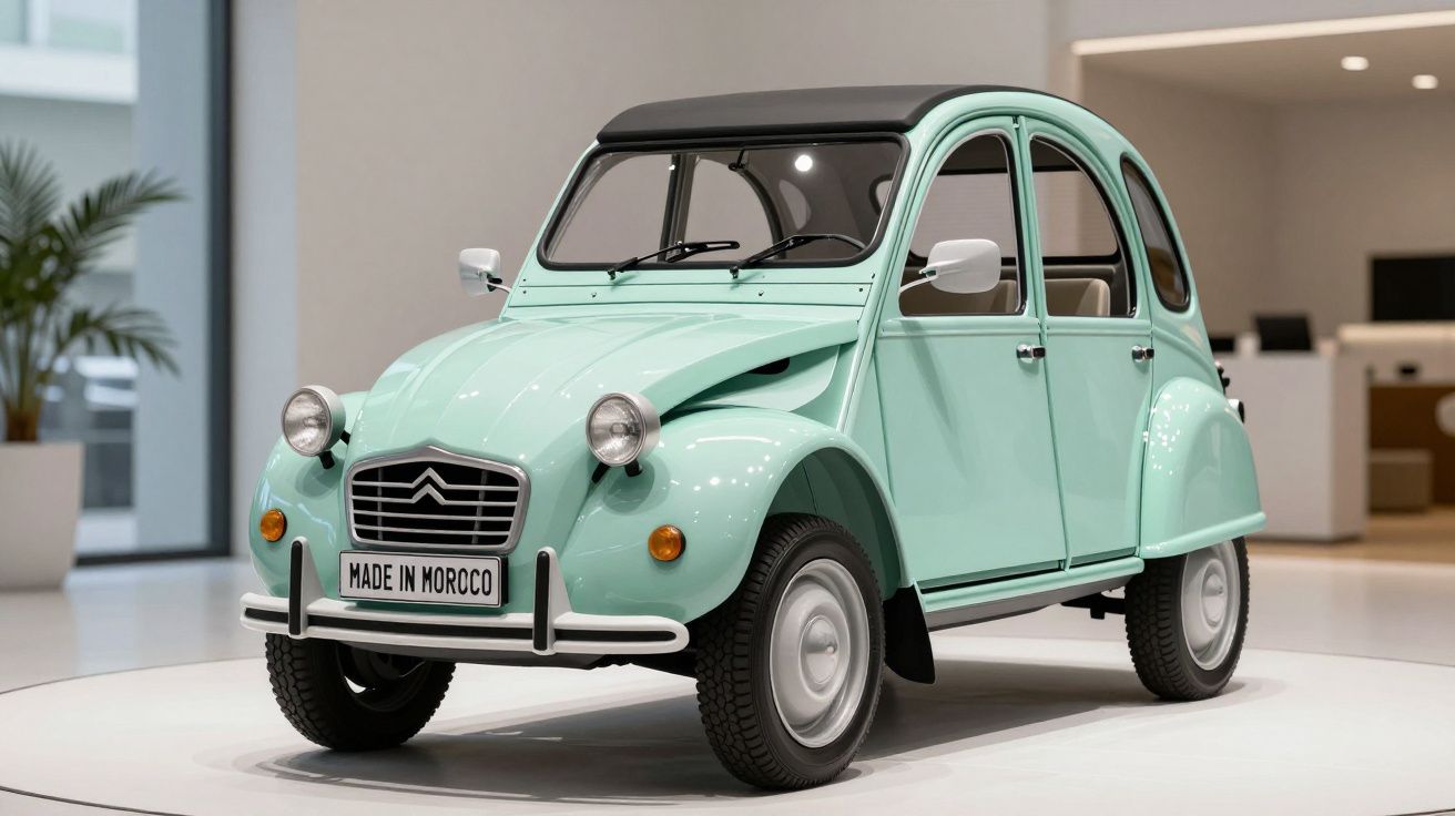 Carro clássico Citroën 2CV verde claro exibido em ambiente moderno e iluminado, placa "Made in Morocco".