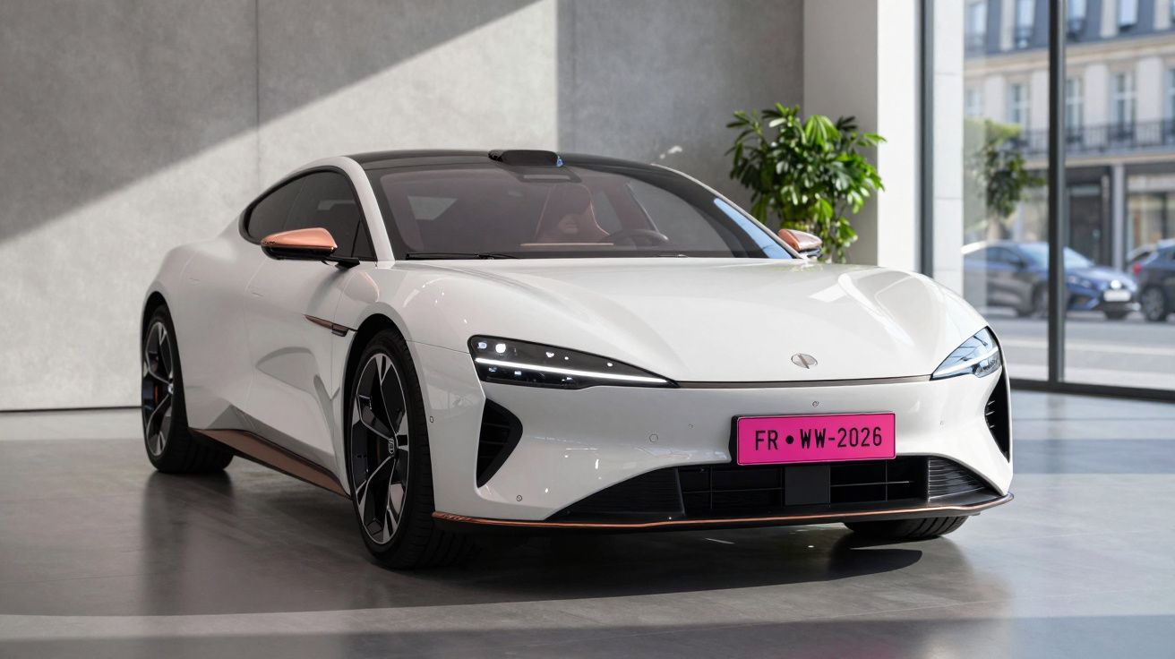 Carro esportivo elétrico branco exibido em ambiente interno com luz natural e placa cor-de-rosa.