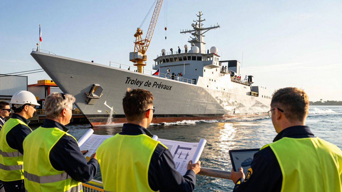 Quatro homens de colete amarelo observam e analisam o navio Troleý de Prévaux no porto ao entardecer.