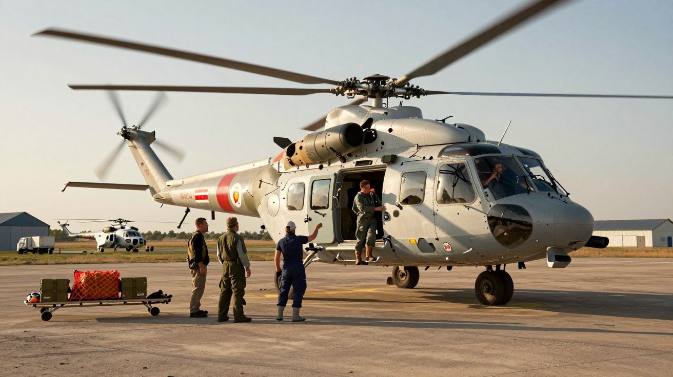 Helicóptero militar na pista com tripulação se preparando para decolagem ao pôr do sol.