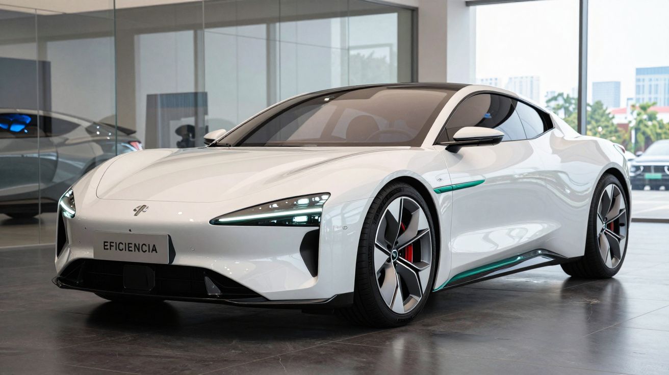 Carro esportivo elétrico branco de design futurista em showroom moderno com luz natural.