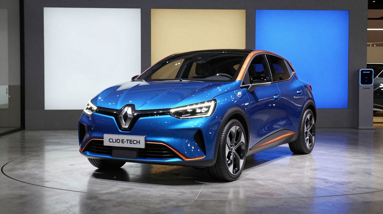 Carro Renault Clio E-Tech azul exposto em ambiente moderno com painel colorido ao fundo.